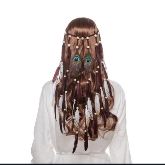 Accessories - 2XHP!! NWT Beautiful Festival Brown Gold White & Peacock Feather Head Dress!